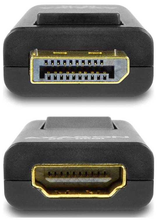 Deux vues d'un adaptateur HDMI noir avec des ports à bordures dorées : DisplayPort femelle en haut et HDMI femelle en bas.