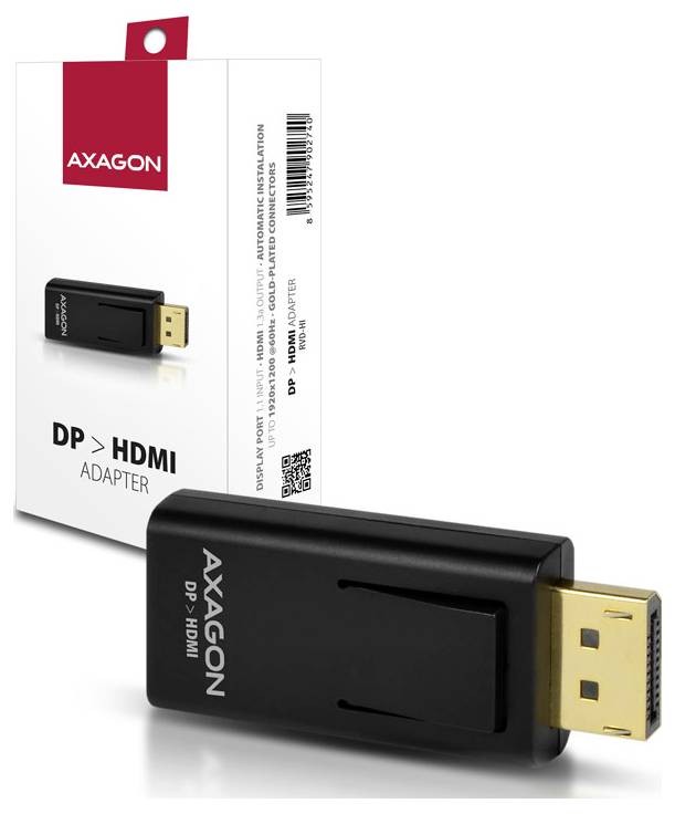 Adaptateur Axagon DP vers HDMI avec emballage de boîte produit, montrant un connecteur noir pour convertir DisplayPort en HDMI.