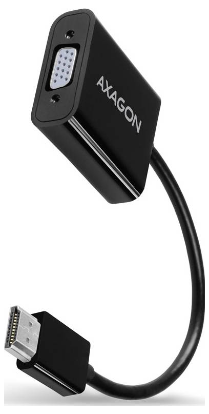 Câble adaptateur AXAGON noir avec connecteur VGA femelle d'un côté et une prise mâle de l'autre sur fond blanc.