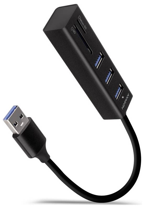 Concentrateur USB-C compact noir avec un port USB-C, trois ports USB-A et un câble court attaché avec connecteur USB-A.
