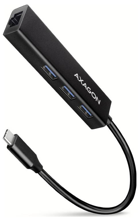 Adaptateur concentrateur USB-C vers USB-A Axagon avec trois ports USB et une prise USB-C connectée