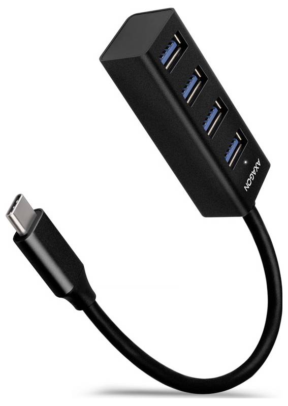 Adaptateur concentrateur USB-A à quatre ports avec câble USB-C noir intégré sur fond blanc.