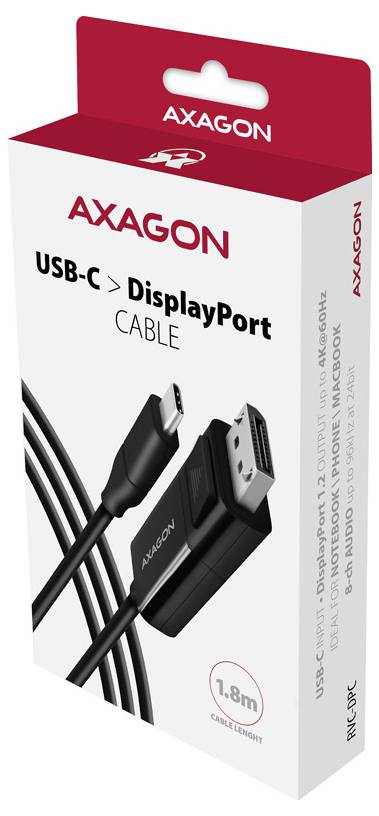 Emballage du câble AXAGON USB-C vers DisplayPort, montrant le câble et les connecteurs, étiqueté 1,8 m.
