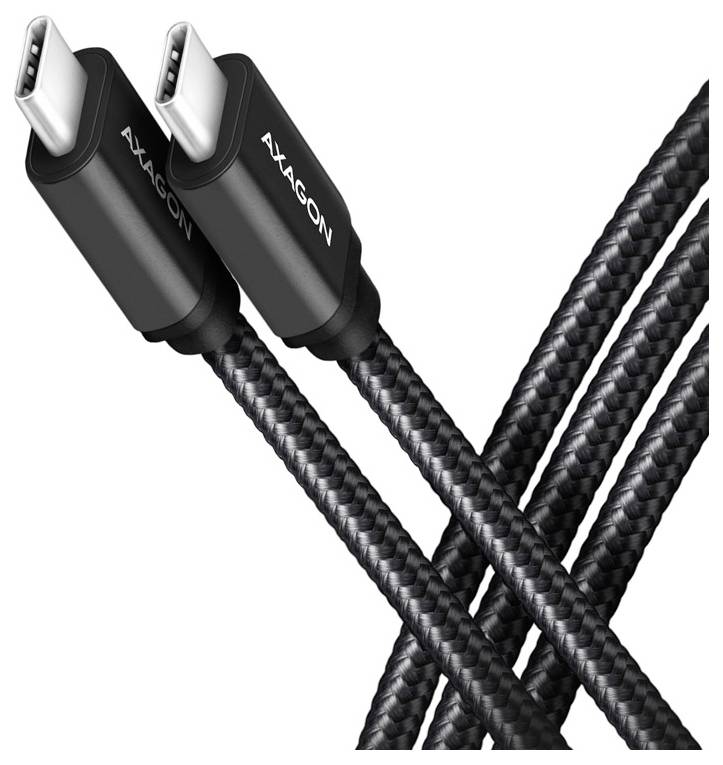 Câble de charge USB-C tressé noir avec deux connecteurs sur fond blanc, présenté en croix dans une image de style produit.