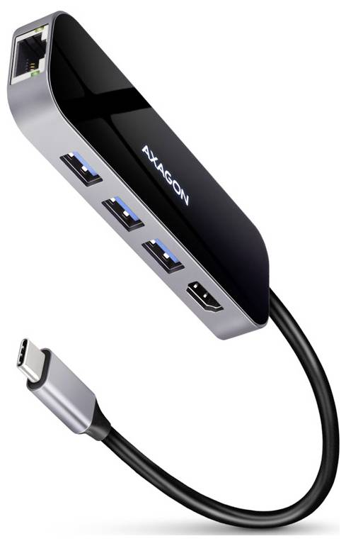 Adaptateur concentrateur USB-C AXAGON noir avec port Ethernet, trois ports USB-A et un port HDMI, connecté par un câble USB-C.