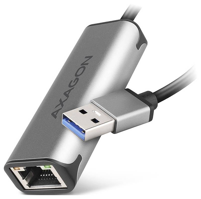 Adaptateur USB 3.0 vers Ethernet AXAGON avec câble USB attaché, présenté sur un fond blanc.