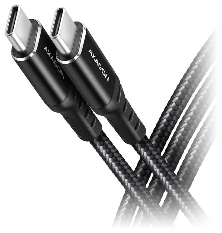 Deux câbles de charge USB-C tressés avec des connecteurs noirs sur un fond blanc, affichés entrecroisés ensemble.