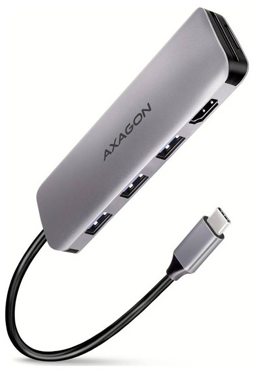 Concentrateur USB-C AXAGON argenté avec trois ports USB-A et connecteur adaptateur câble USB-C