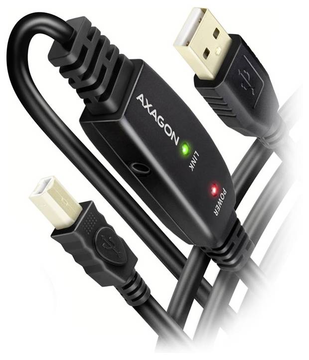 Câble d'extension USB avec amplificateur intégré AXAGON, montrant les connecteurs USB-A et les voyants indicateurs vert « LINK » et rouge « POWER ».