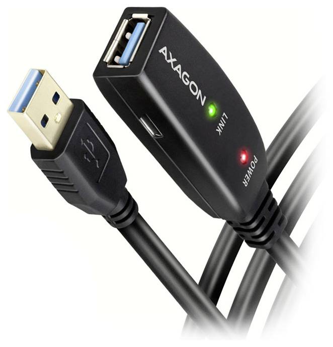 USB cable with an AXAGON adapter, showing lit 'LINK' green and 'POWER' red status LEDs.