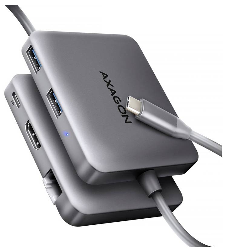 Hub USB-C AXAGON gris avec plusieurs ports USB et câbles connectés sur un fond blanc.