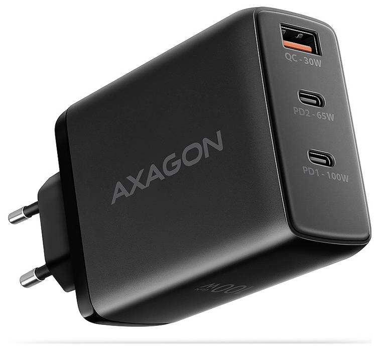 Chargeur mural AXAGON noir avec prise EU, un port USB-A et deux ports USB-C étiquetés QC-30W, PD2-65W et PD1-100W.