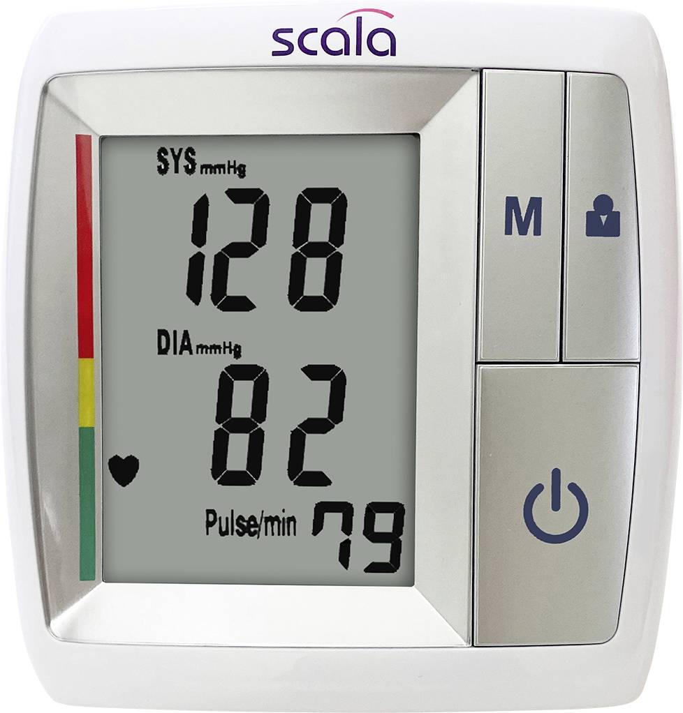Moniteur de tension artérielle numérique affichant 128 mmHg de systolique, 82 mmHg de diastolique, et une fréquence cardiaque de 79 bpm, avec une icône de fréquence cardiaque et un indicateur d'échelle.