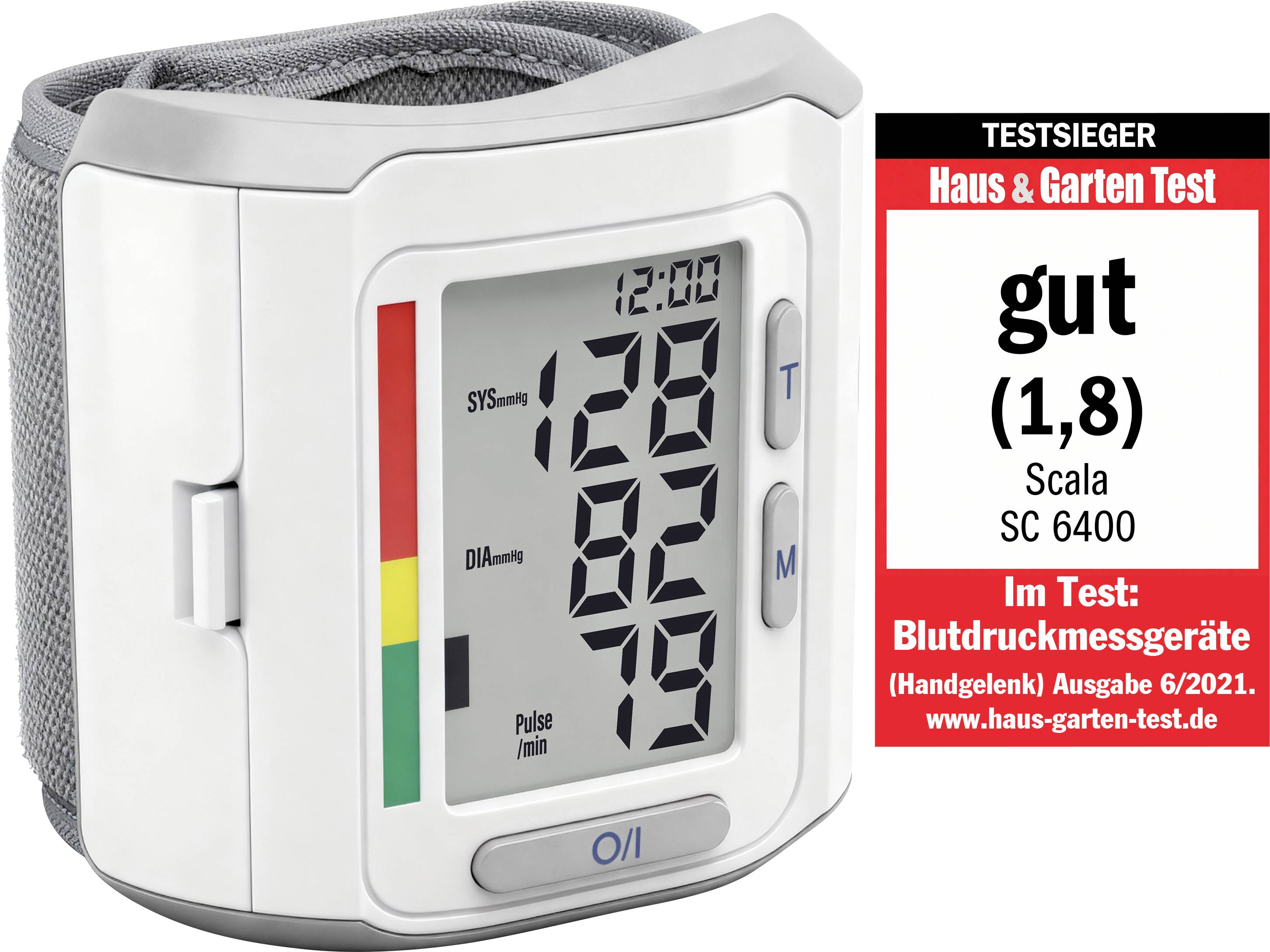 Tensiomètre au poignet avec affichage numérique ; affiche 128/82 mmHg, pouls 79 et le label de test « Vainqueur du test » de Haus & Garten Test, note « bon (1,8) ».