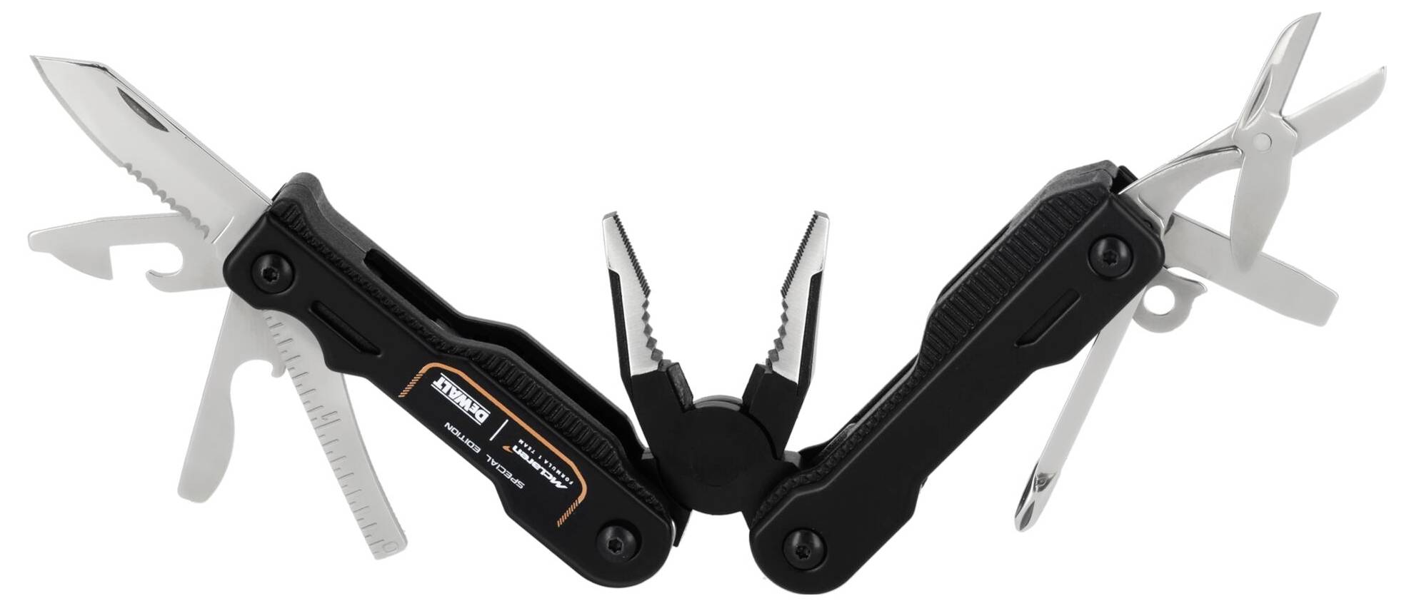 Pince multi-outils noire avec couteau repliable, scie, lime, décapsuleur et ciseaux exposés ouverts sur un fond blanc.