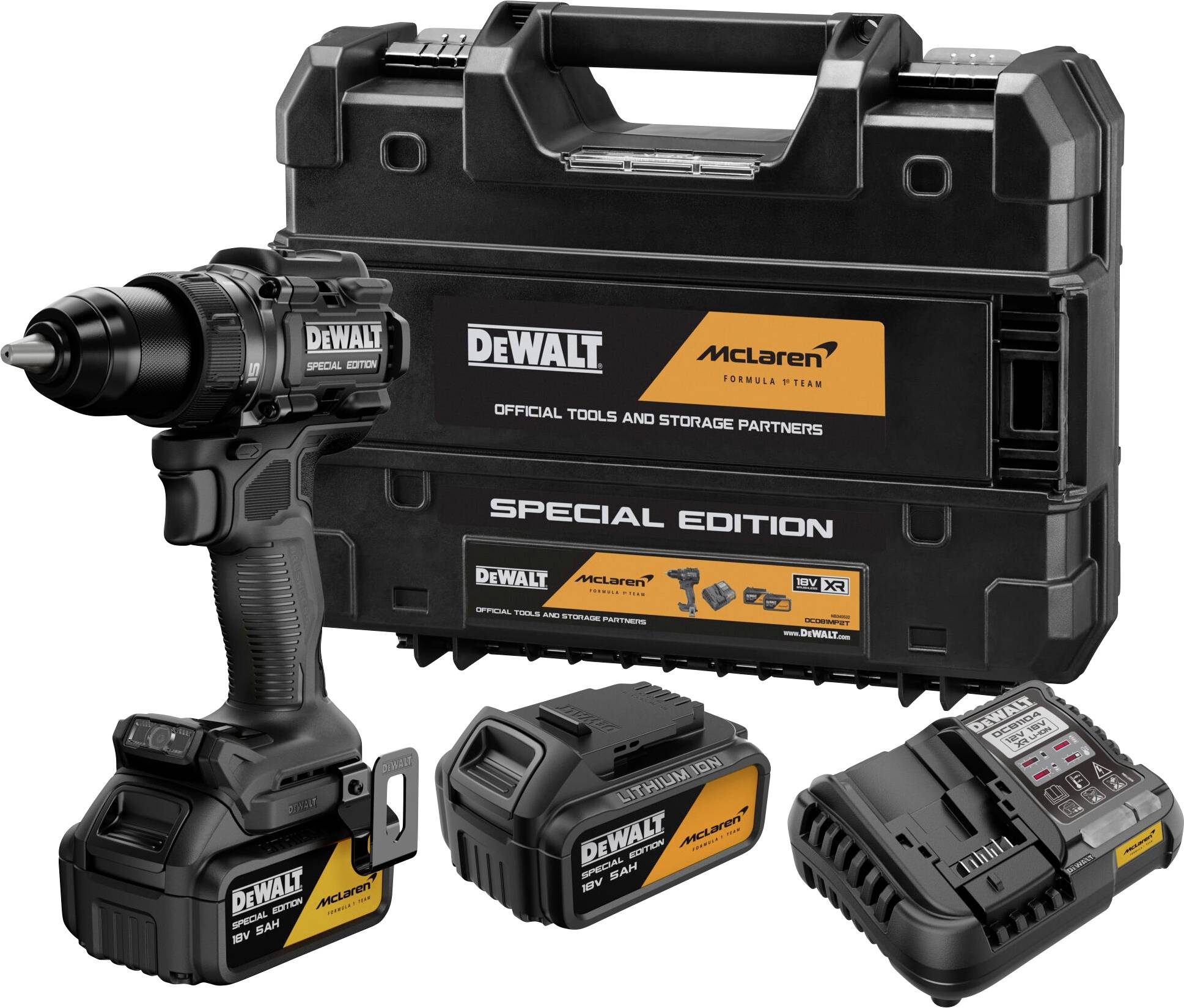 Kit perceuse sans fil édition spéciale DeWalt et McLaren avec mallette de transport, deux batteries et chargeur sur fond blanc.