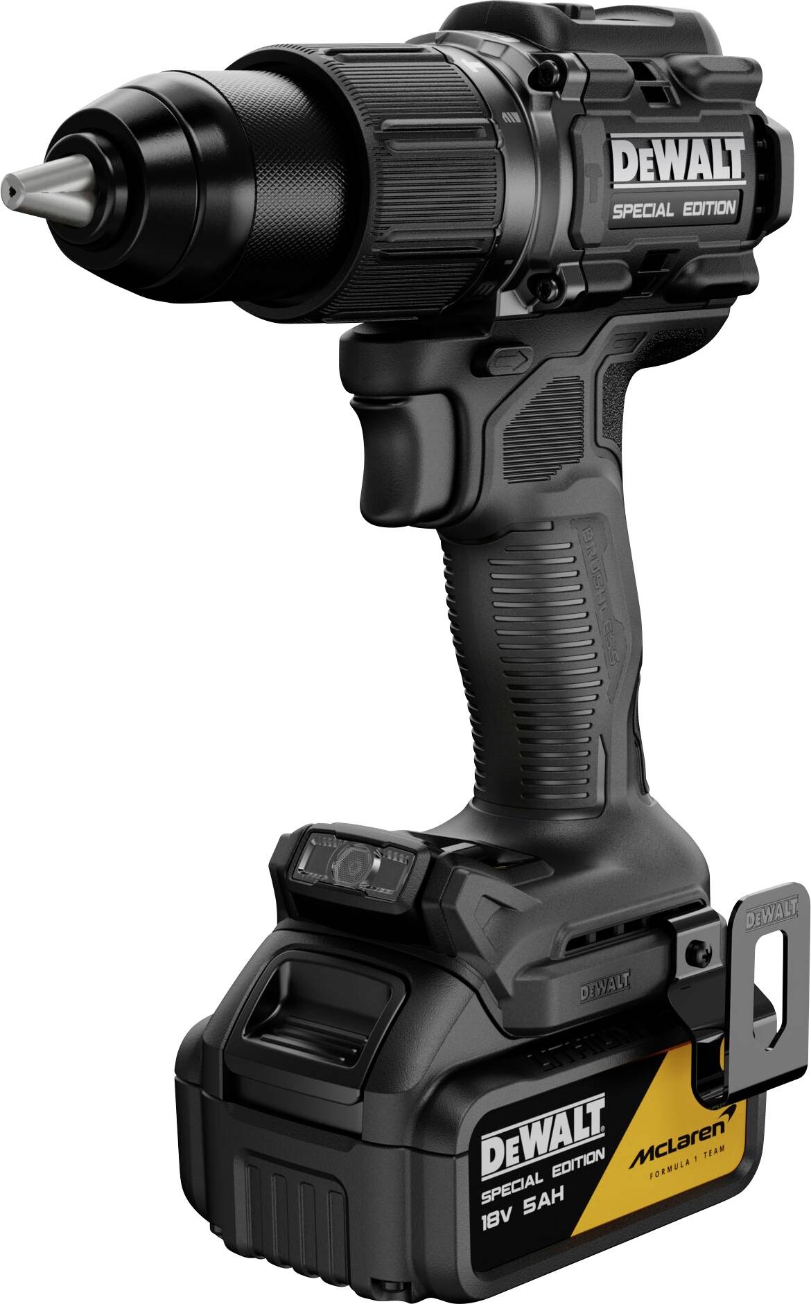Perceuse électrique sans fil édition spéciale DeWalt avec batterie, présentée en vue latérale sur un fond blanc.