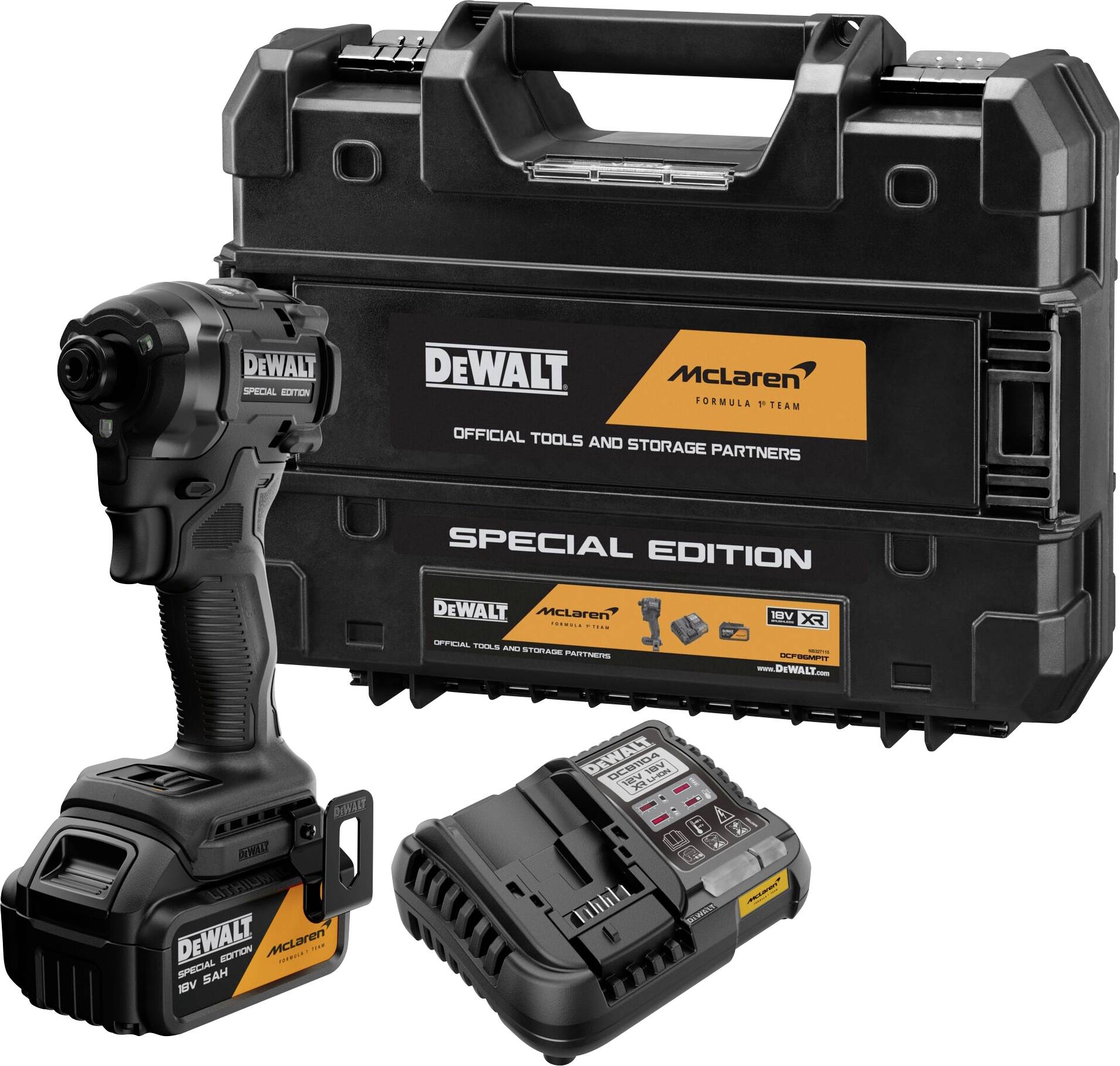 Tournevis à choc sans fil édition spéciale DEWALT McLaren, avec batterie, chargeur et étui de transport sur fond blanc