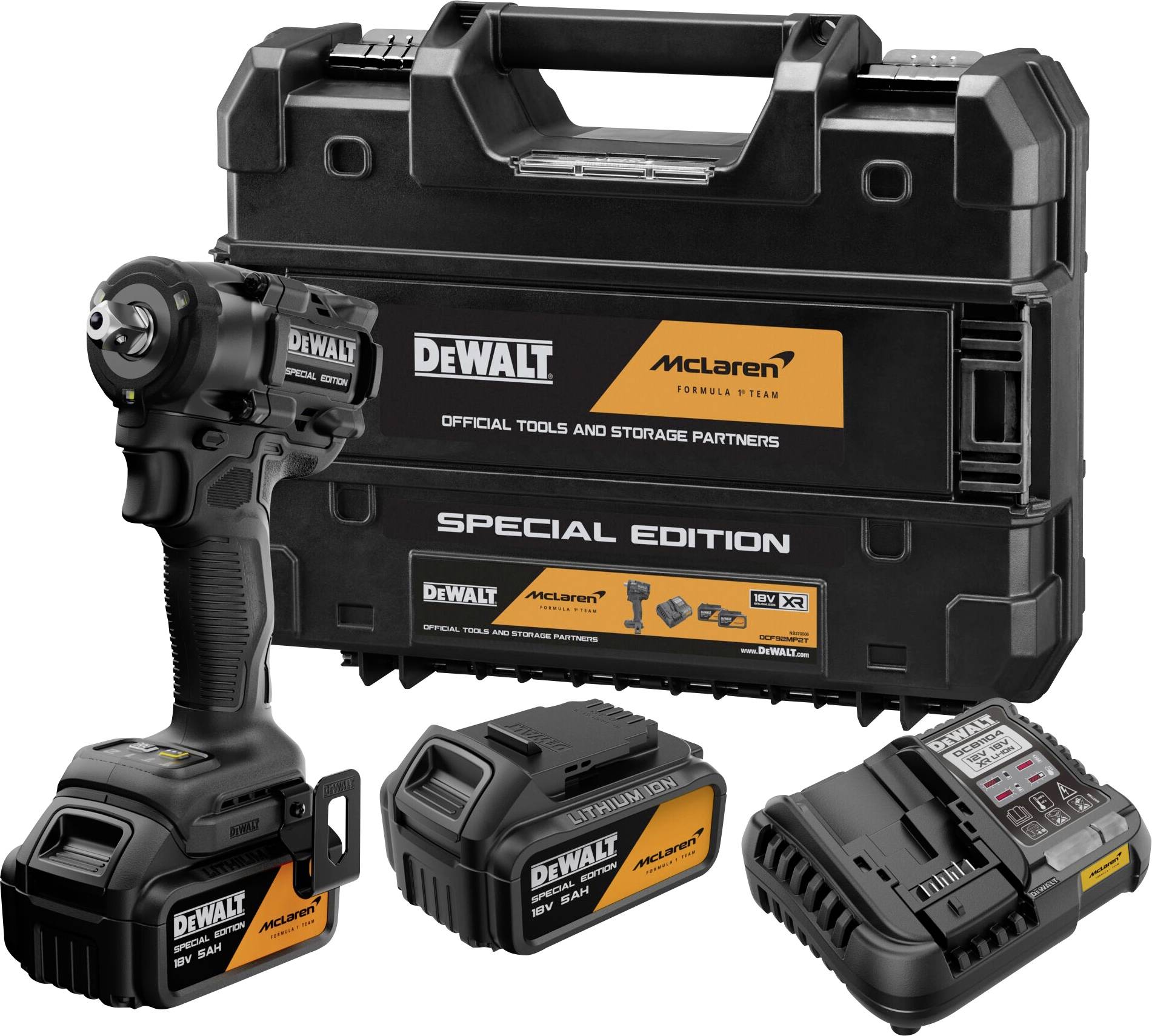 Kit d'outils sans fil édition spéciale DeWalt McLaren avec perceuse à percussion, batteries, chargeur et malette de transport.
