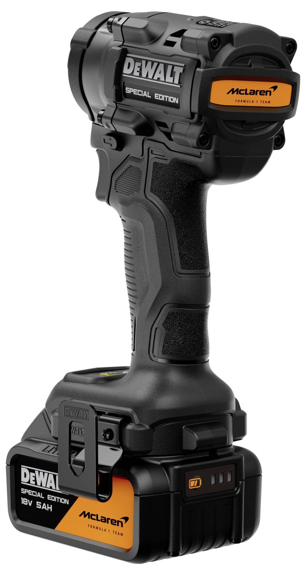 Outil de puissance sans fil édition spéciale Black DeWalt x McLaren avec batterie, montré en profil sur un fond blanc.