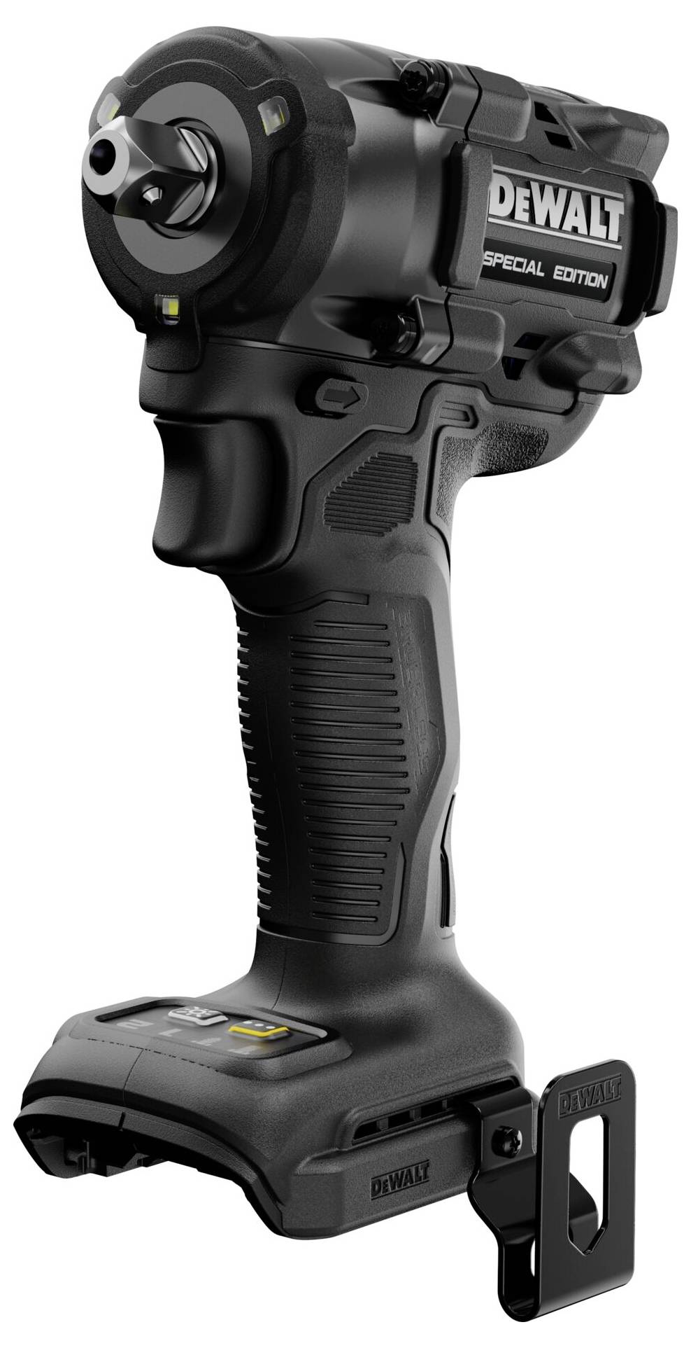 Clé à choc sans fil DeWalt noire, édition spéciale, présentée sur un fond blanc avec batterie et clip de ceinture.