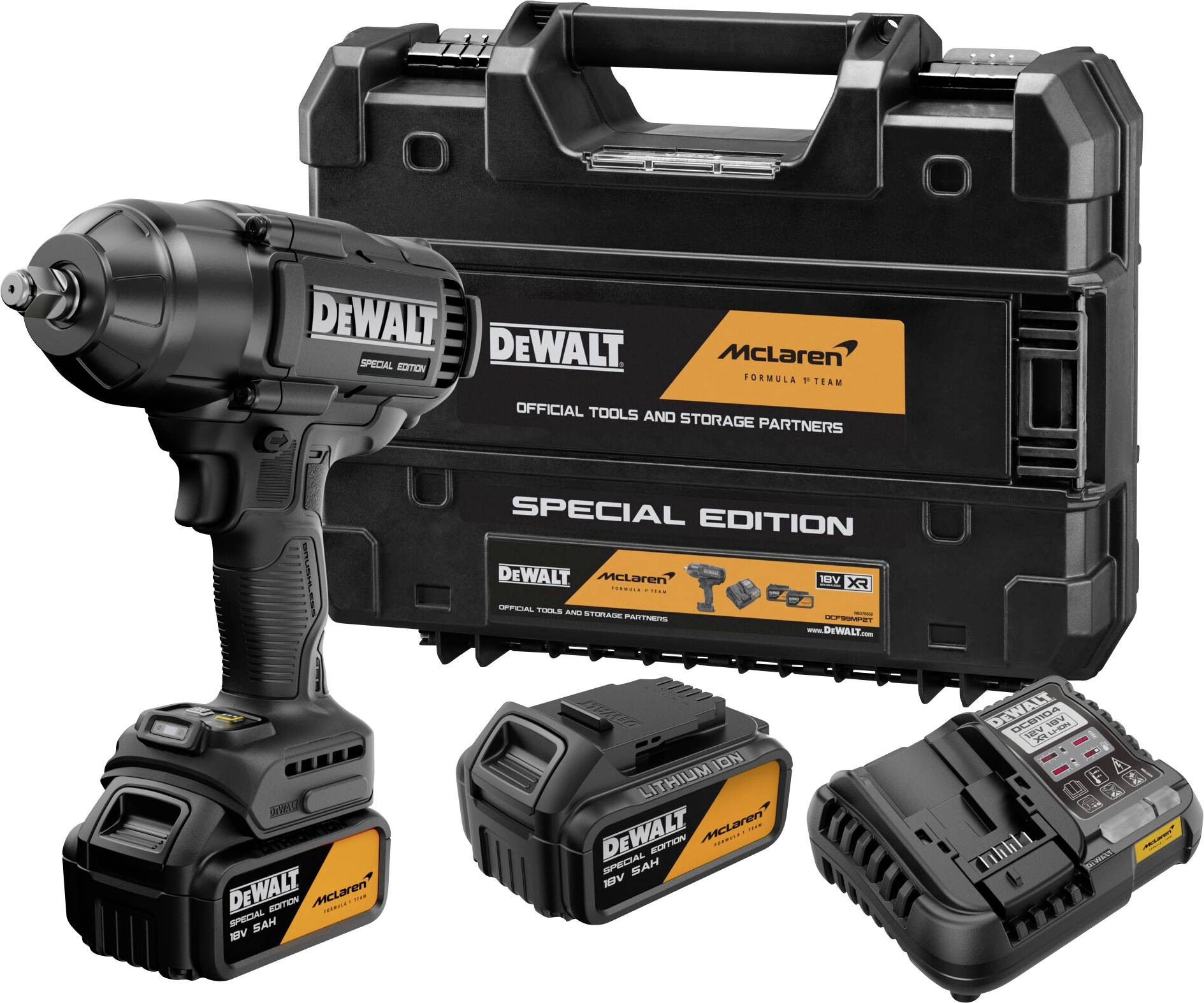 Clé à choc sans fil DeWalt édition spéciale McLaren avec deux batteries, chargeur et mallette de transport