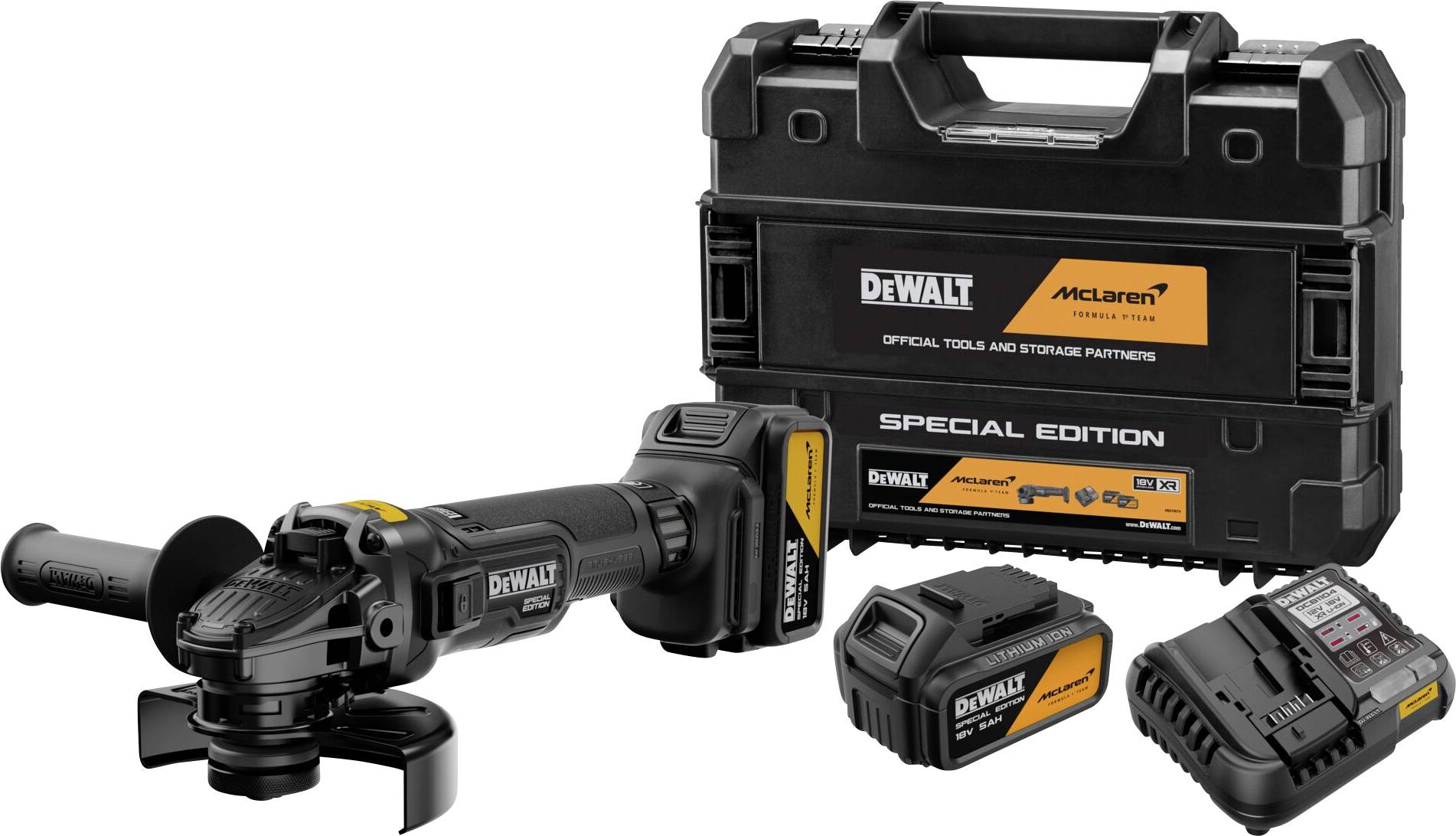 Kit meuleuse d'angle sans fil édition spéciale DeWalt x McLaren avec deux batteries, chargeur et mallette de transport.