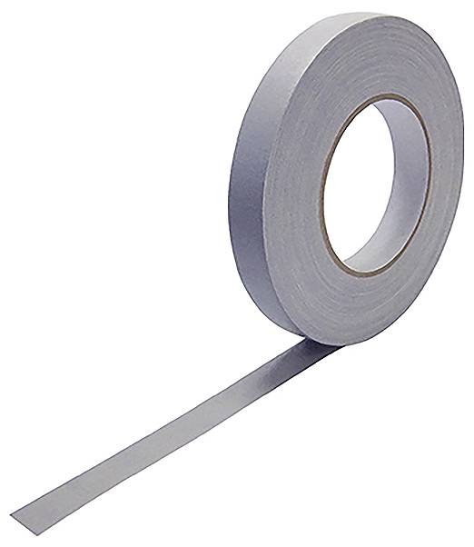 Un rouleau de ruban adhésif gris avec une bande déroulée et s'étendant vers le bas sur un fond blanc.