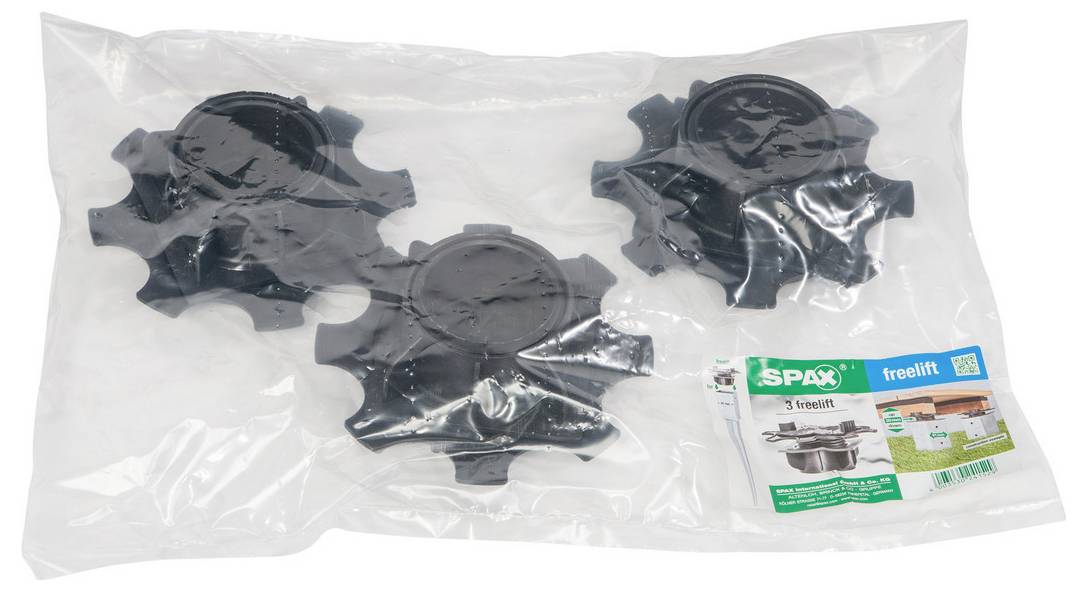 Sac en plastique contenant trois pièces noires en forme de roue et une étiquette portant les inscriptions « SPAX » et « Treelift ».