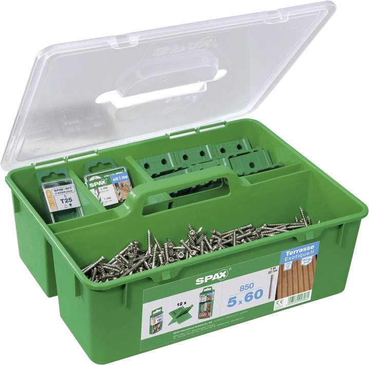Boîte de rangement en plastique vert avec couvercle transparent contenant des vis et des chevilles SPAX assorties, présentée en tant que photo de produit.