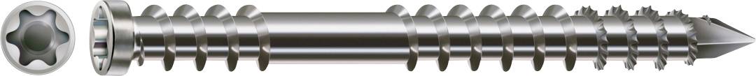 Une vis à tête Torx en argent avec filetage grossier et une pointe effilée, présentée horizontalement sur un fond blanc.