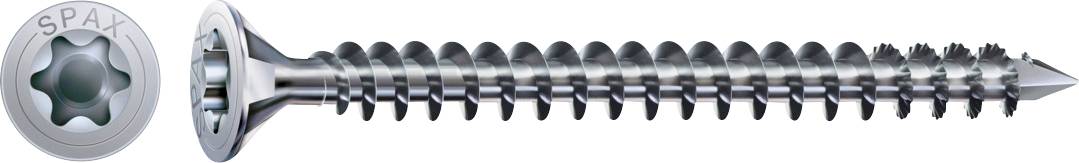Une vis SPAX argentée présentée en vue latérale avec un gros plan correspondant de la tête en forme d'étoile sur la gauche.