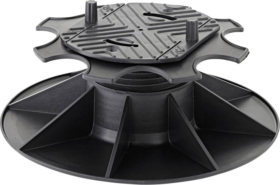 Support de piédestal ajustable noir avec base circulaire et sommet côtelé, utilisé pour surélever et niveler les dalles de pavage ou de terrasse.