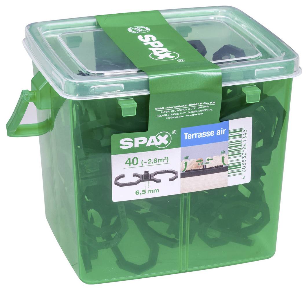 Boîte de rangement en plastique vert SPAX pour vis de terrasse air deck, étiquetée 40 pièces, 6,5 mm.