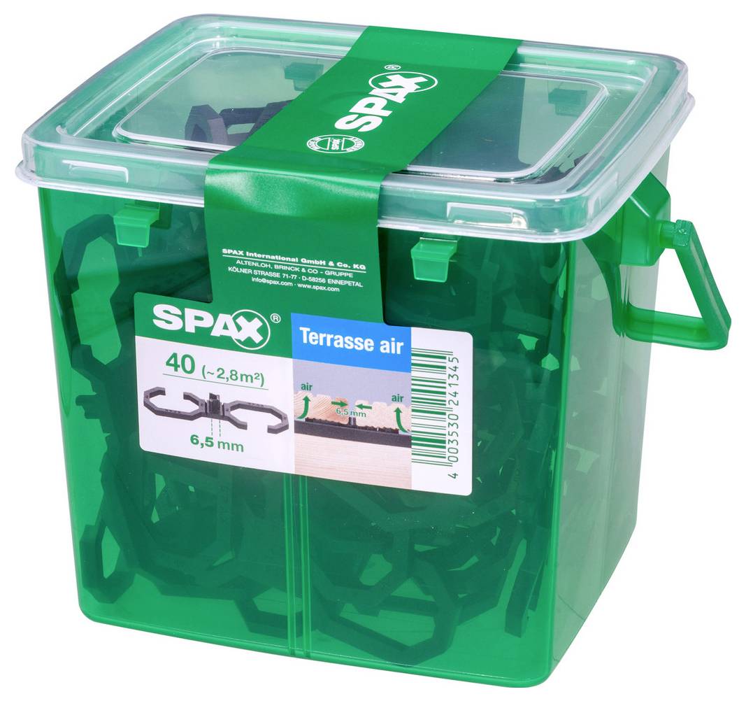 Green SPAX 'Terrasse air' plastic storage box with a clear lid, label showing 40 fasteners and 6.5 mm size.