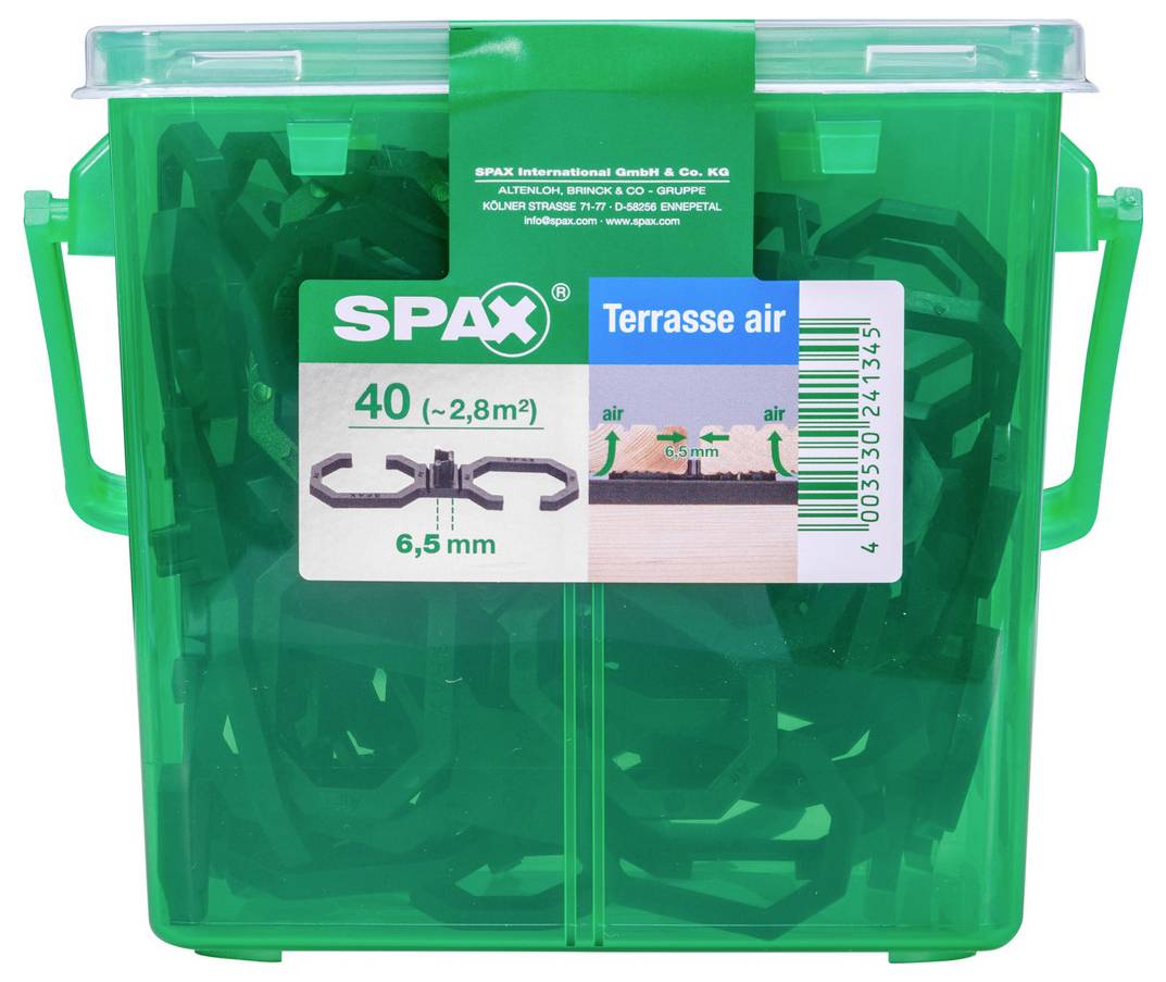 Boîte de rangement en plastique vert contenant des éléments de fixation de type pince de terrasse SPAX 'Terrasse air', étiquetée pour 40 pièces destinées aux espaces de 6,5 mm.