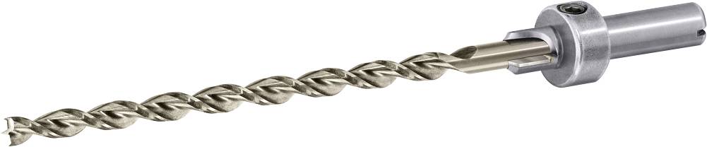 Une longue mèche de perceuse hélicoïdale en métal avec un système de fixation à changement rapide, présentée sur un fond blanc.