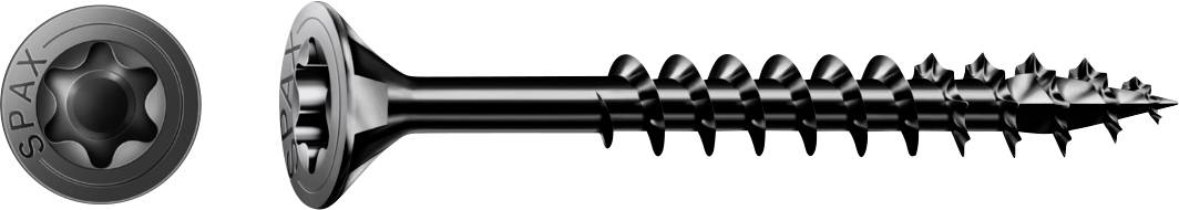 Deux vues d'une vis de fixation SPAX noire, présentées de face et de profil, avec une tige filetée acérée et une pointe pointue.