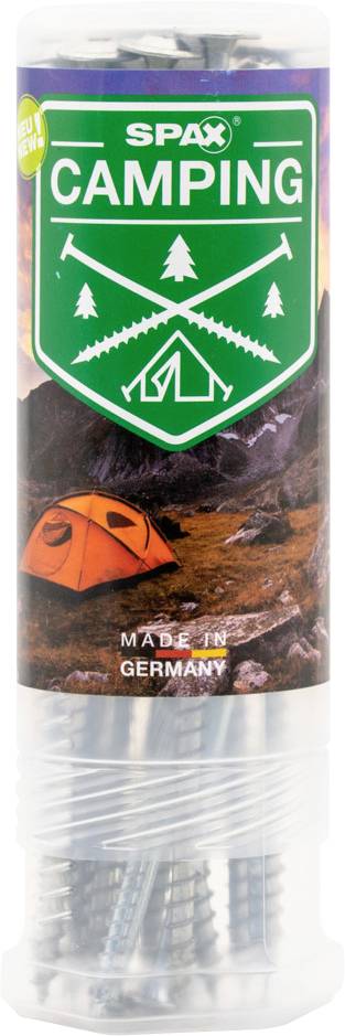 Un étiquette de conteneur « SPAX Camping » avec un logo de bouclier vert, des scies croisées, une tente et des arbres, et le texte « Made in Germany » au-dessus des vis visibles.