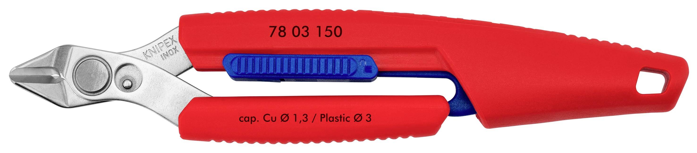 Pince-coupante à poignée rouge et grip bleu, présentée de profil sur fond blanc.