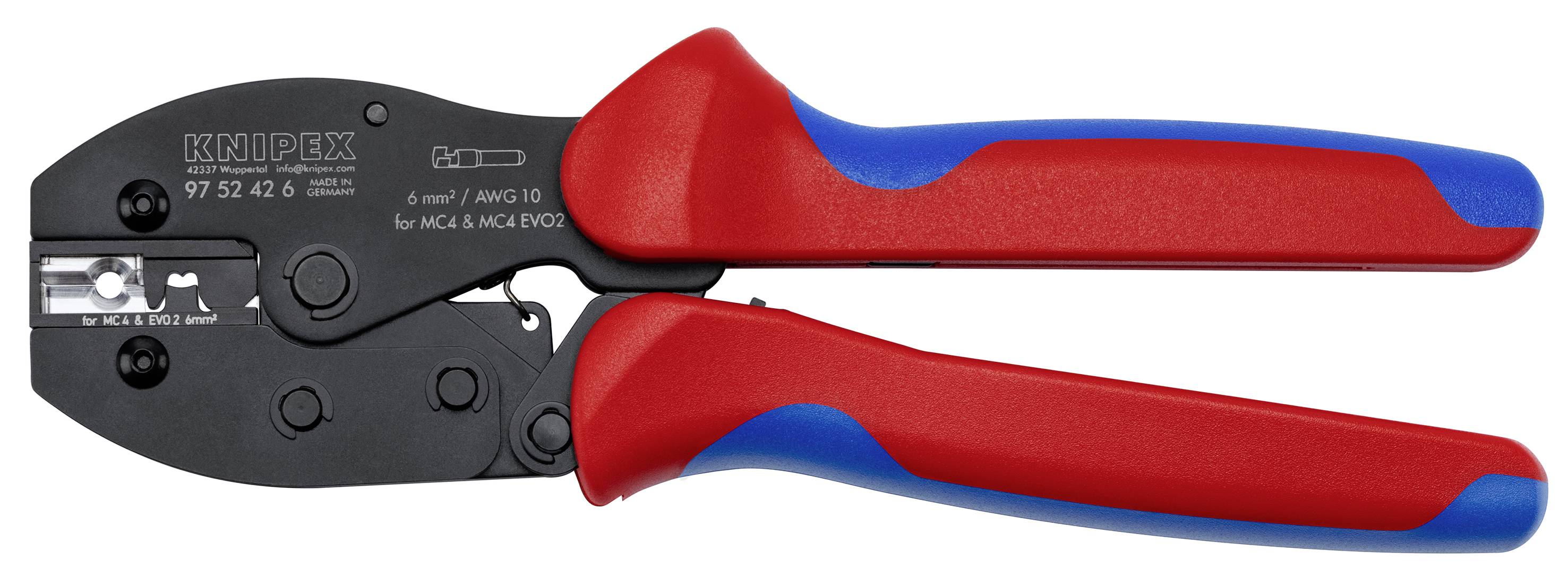 Close-up of KNIPEX cable cutters with red and blue handles on a white background, showing the cutting jaws and adjustable settings.