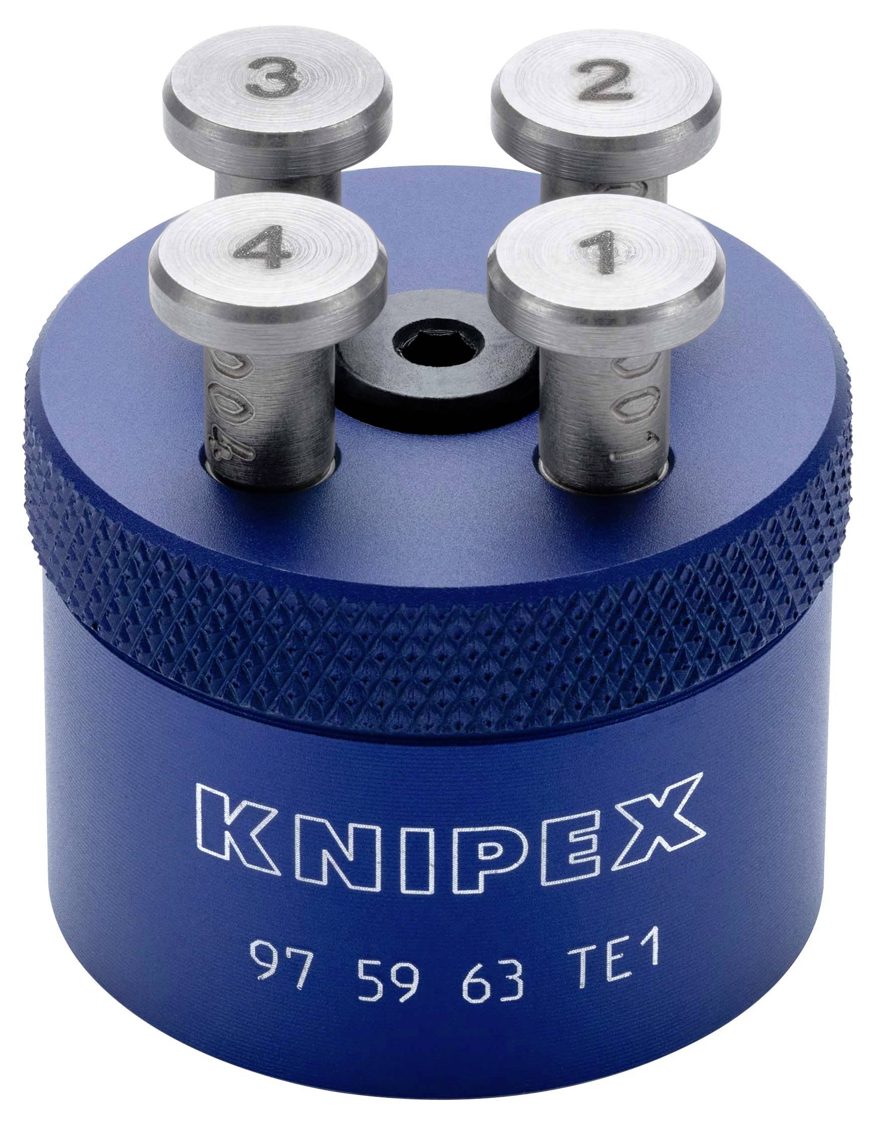 Porte-outils KNIPEX bleu avec quatre broches métalliques numérotées sur le dessus, étiqueté '97 59 63 TE1'.