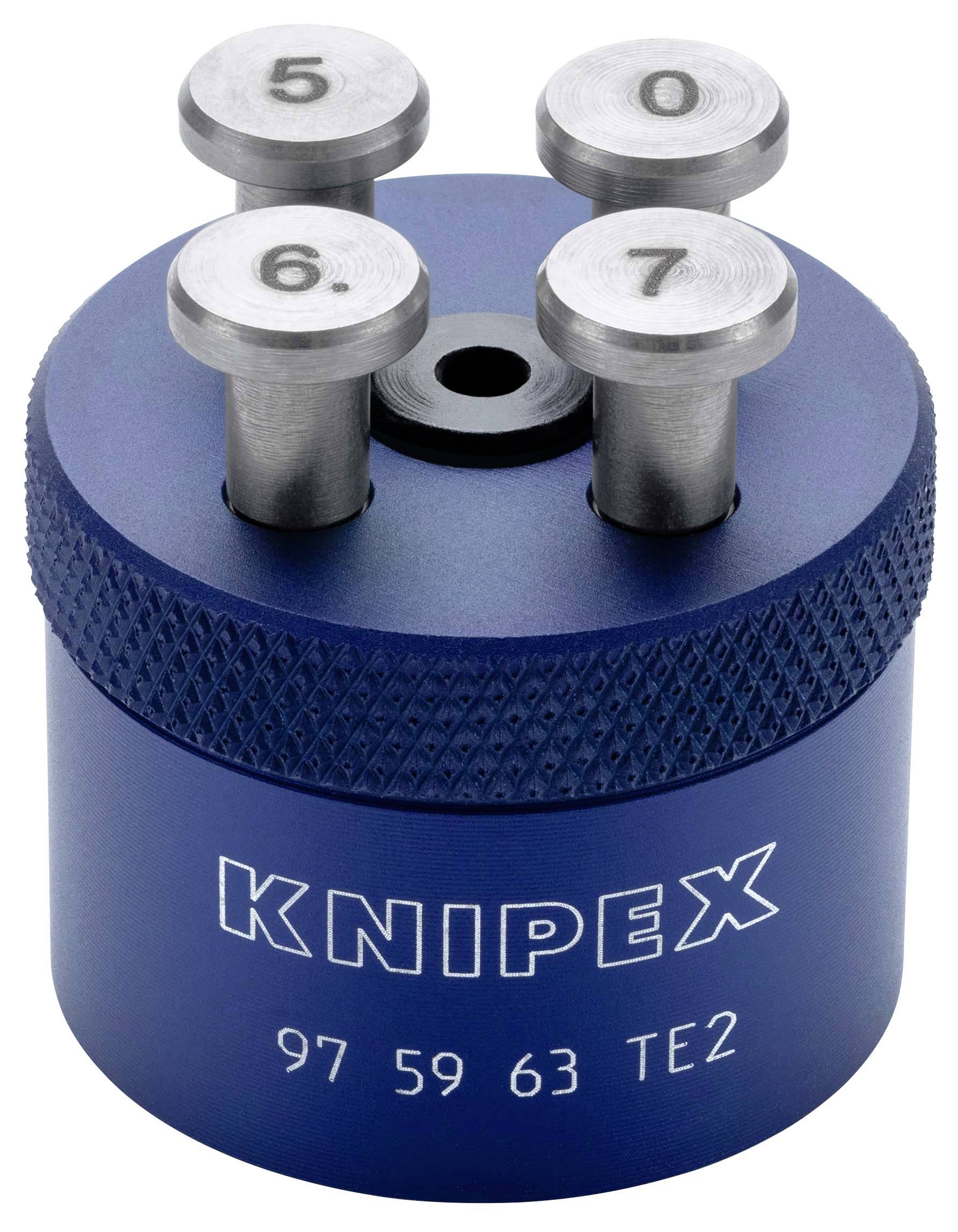 Outil KNIPEX bleu avec quatre broches numérotées (5, 6, 0, 7) sur le dessus, probablement une pièce jointe de clé spécialisée ou un ajusteur.