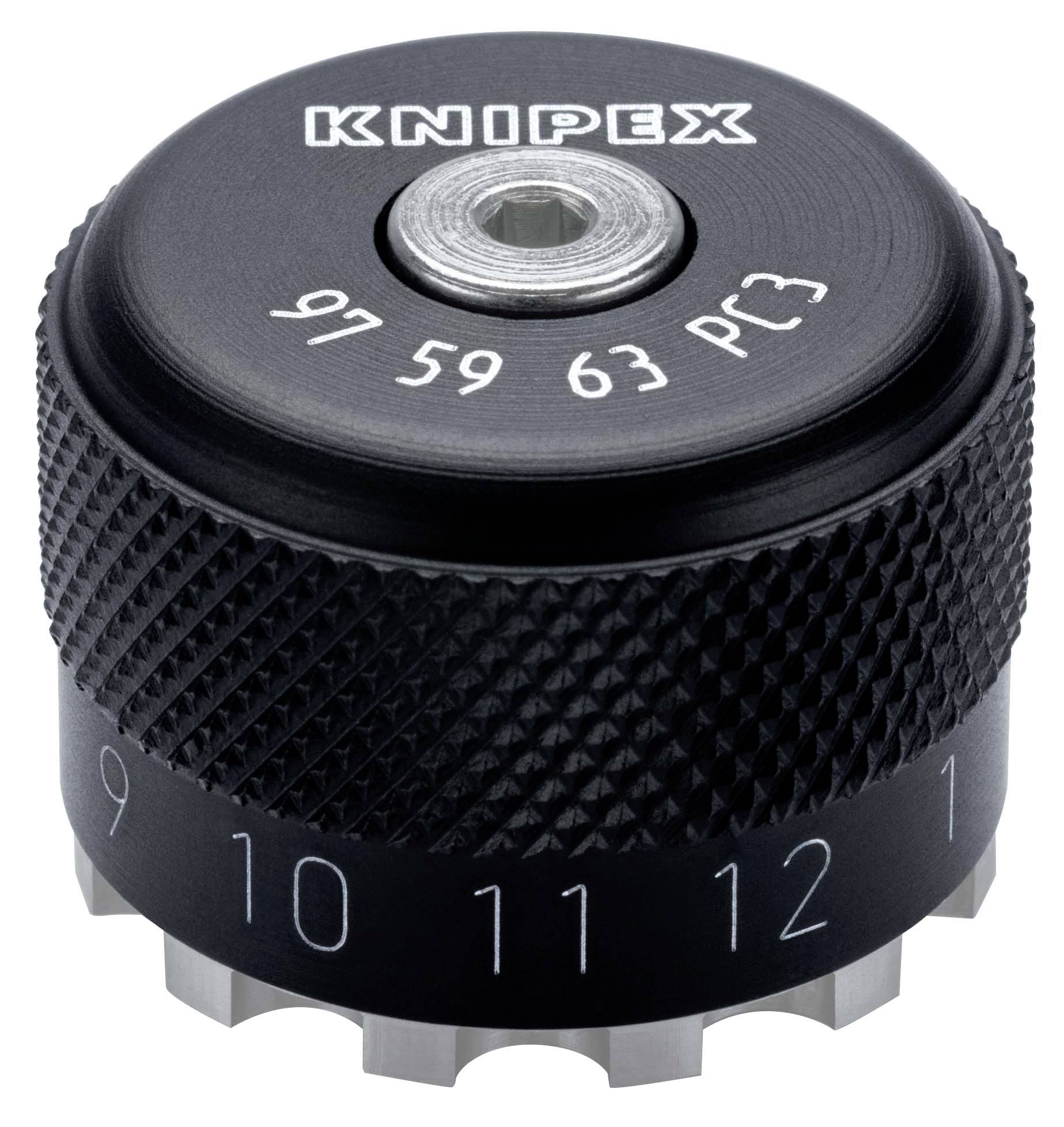 Gros plan d'un outil à bouton réglable KNOPEX avec un corps noir strié et des marquages de cadran numérotés de 9 à 12.