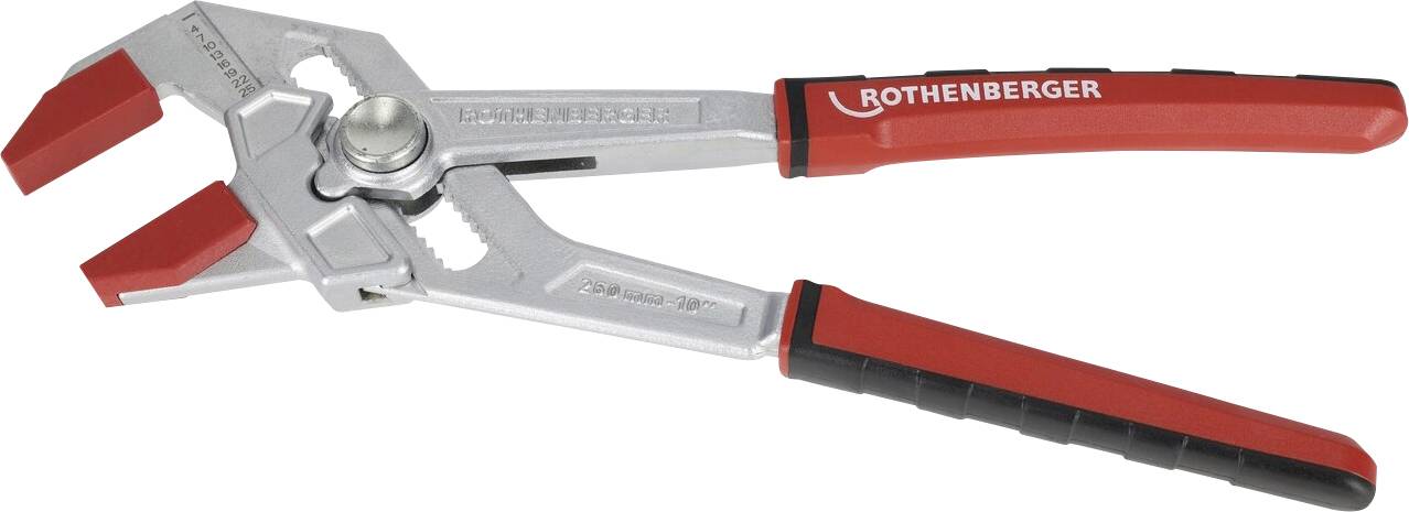 Pinces à mâchoires verrouillables rouge et argent avec larges plaquettes de mâchoire rouge et deux poignées rouge et noir, présentées sur un fond blanc.