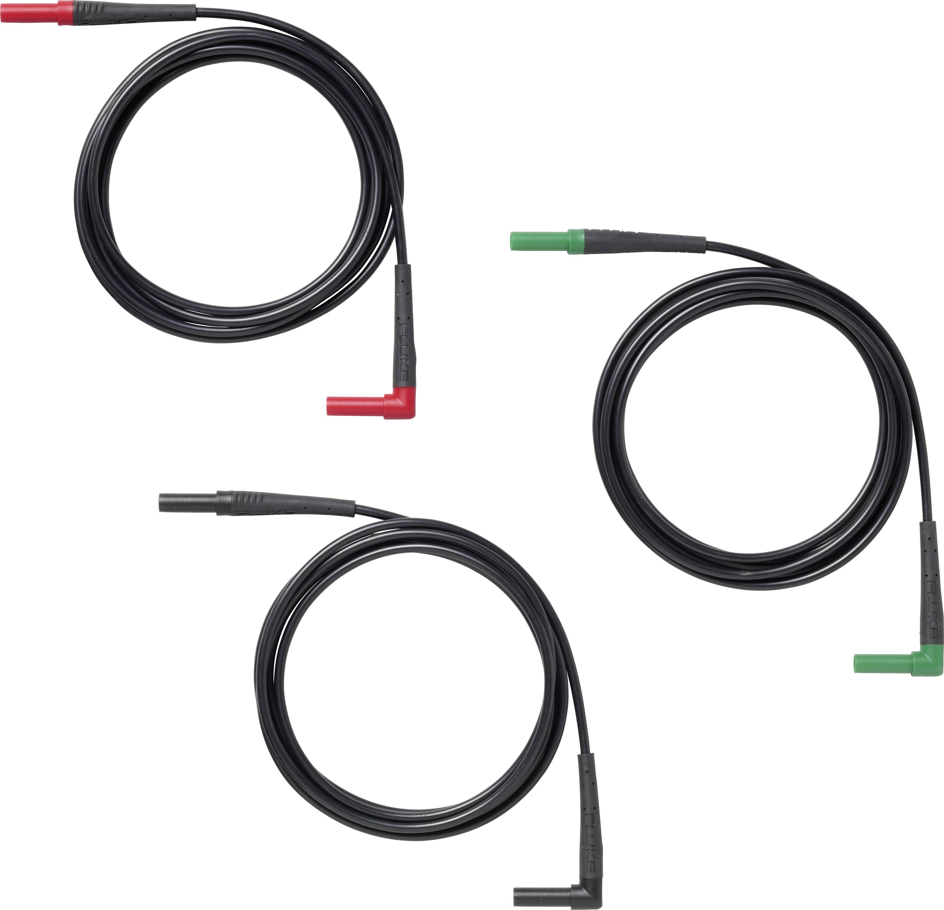 Trois câbles noirs enroulés avec des embouts de connecteur colorés : un rouge, un vert et un noir, présentés sur fond blanc.