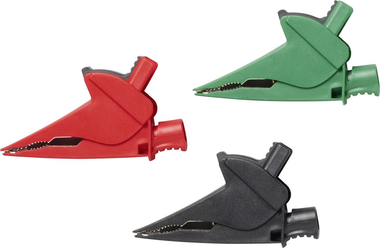 Trois pinces crocodile en plastique rouge, vert et noir sur fond blanc.