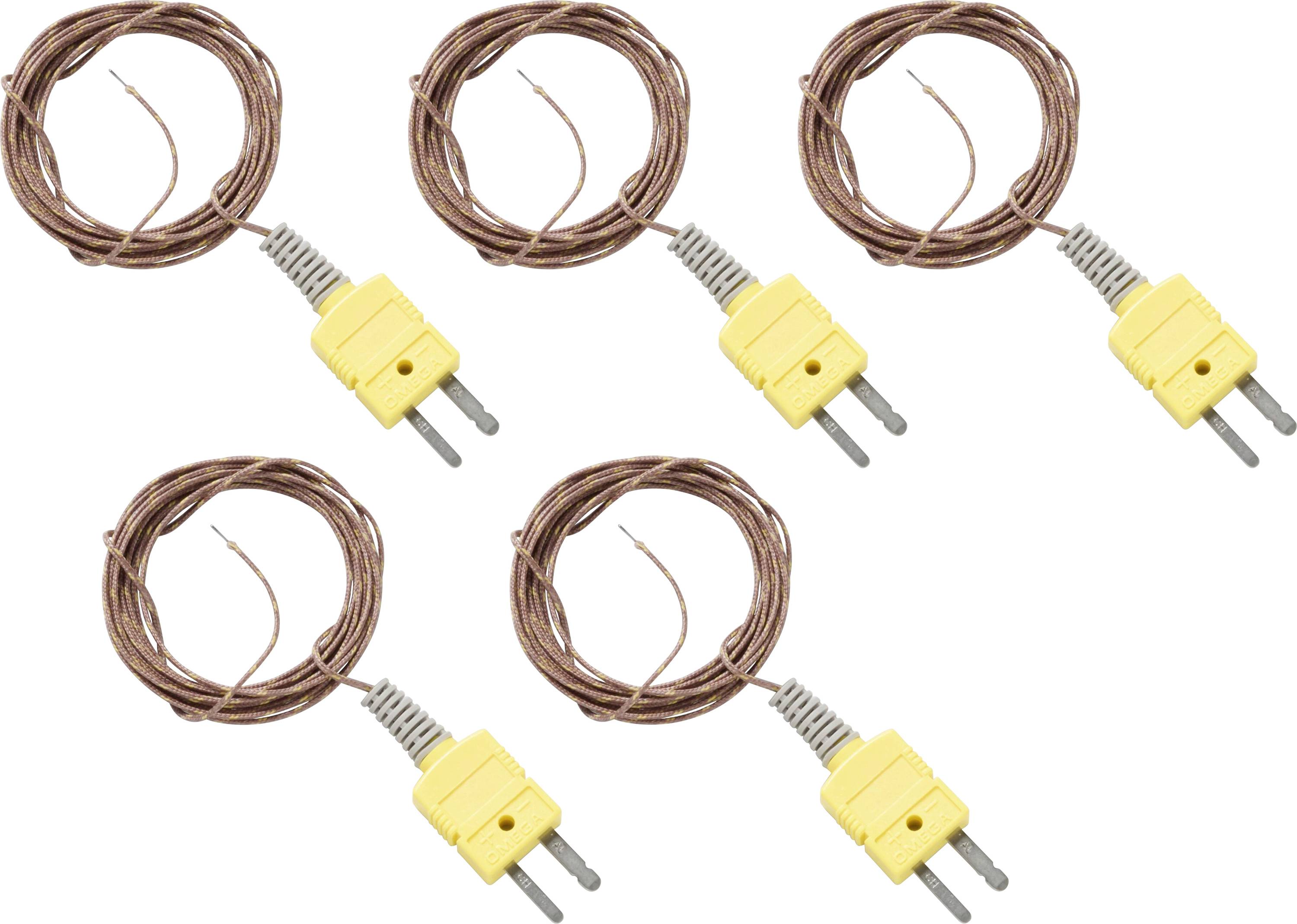 Cinq sondes de thermocouple brun enroulées avec des connecteurs à deux broches jaunes sur un fond blanc.