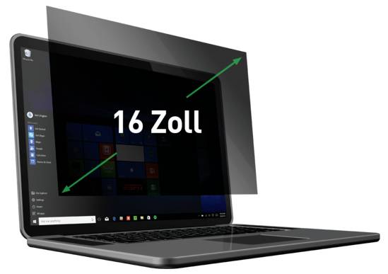 Laptop with a privacy screen filter highlighted by arrows and the text '16 Zoll' on the display