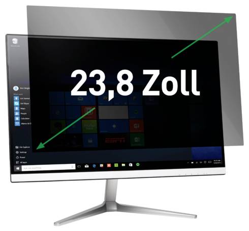 Moniteur de bureau tout-en-un argenté affichant un écran Windows, étiqueté « 23,8 pouces » avec des flèches diagonales indiquant la taille de l'écran.